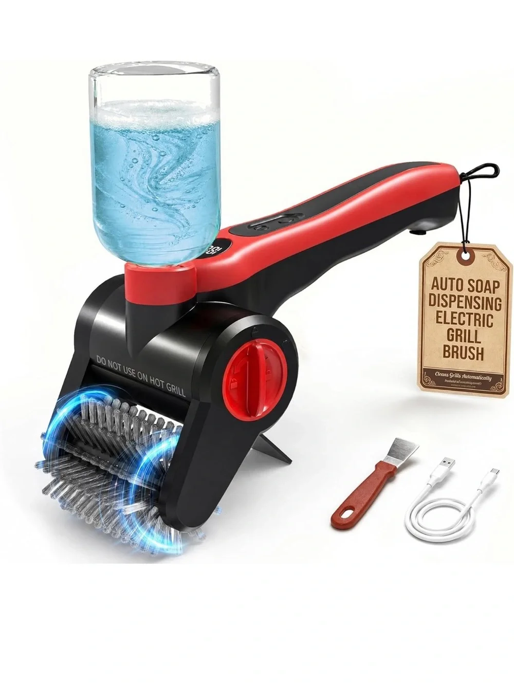 Electric grill brush 100W high power cordless BBQ cleaner with 300ml water spray
